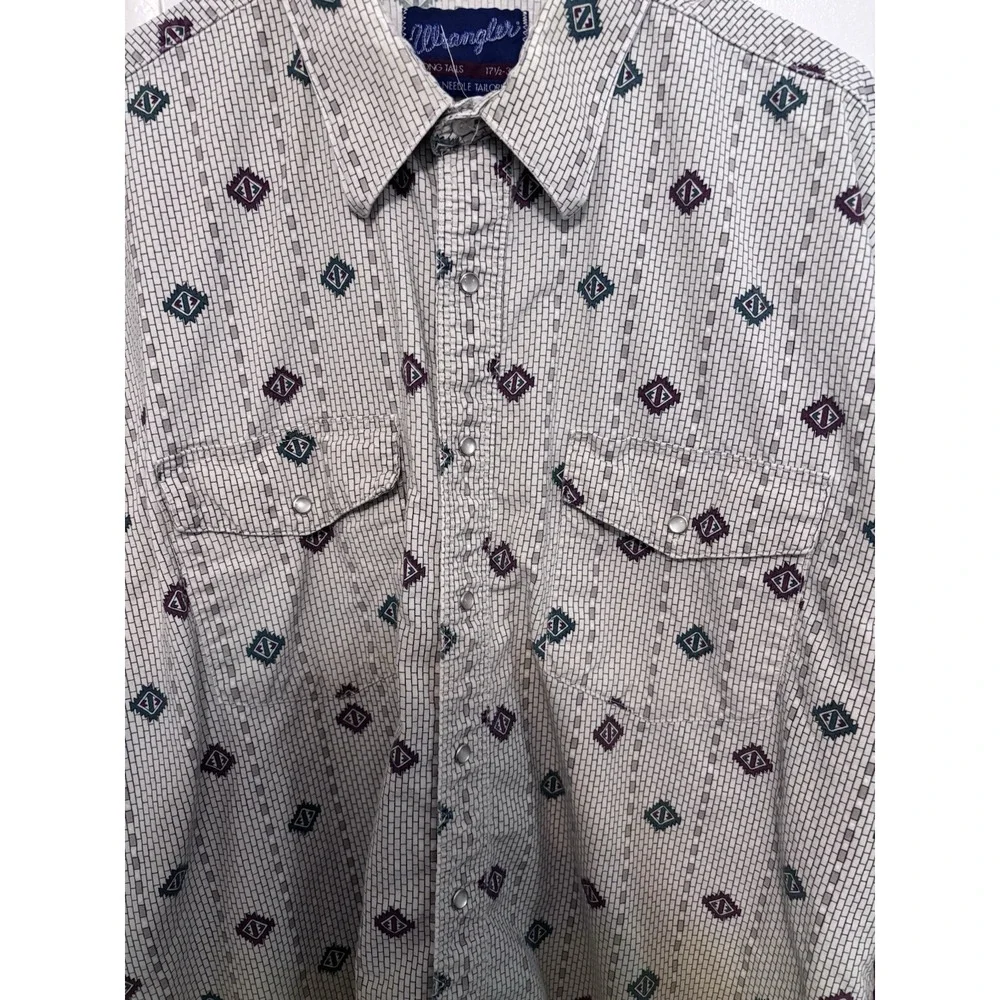Wrangler Men's Vintage Western Pearl Snap Long Sleeve Aztec 17 1/2 Single Needle